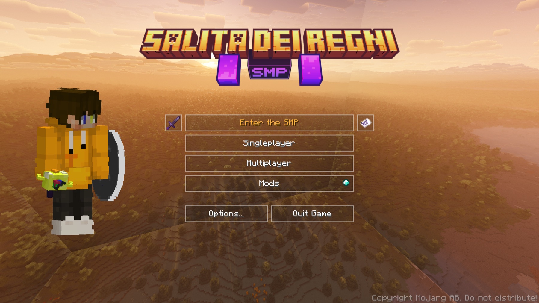 Modded Minecraft modpack main menu with custom mods installed