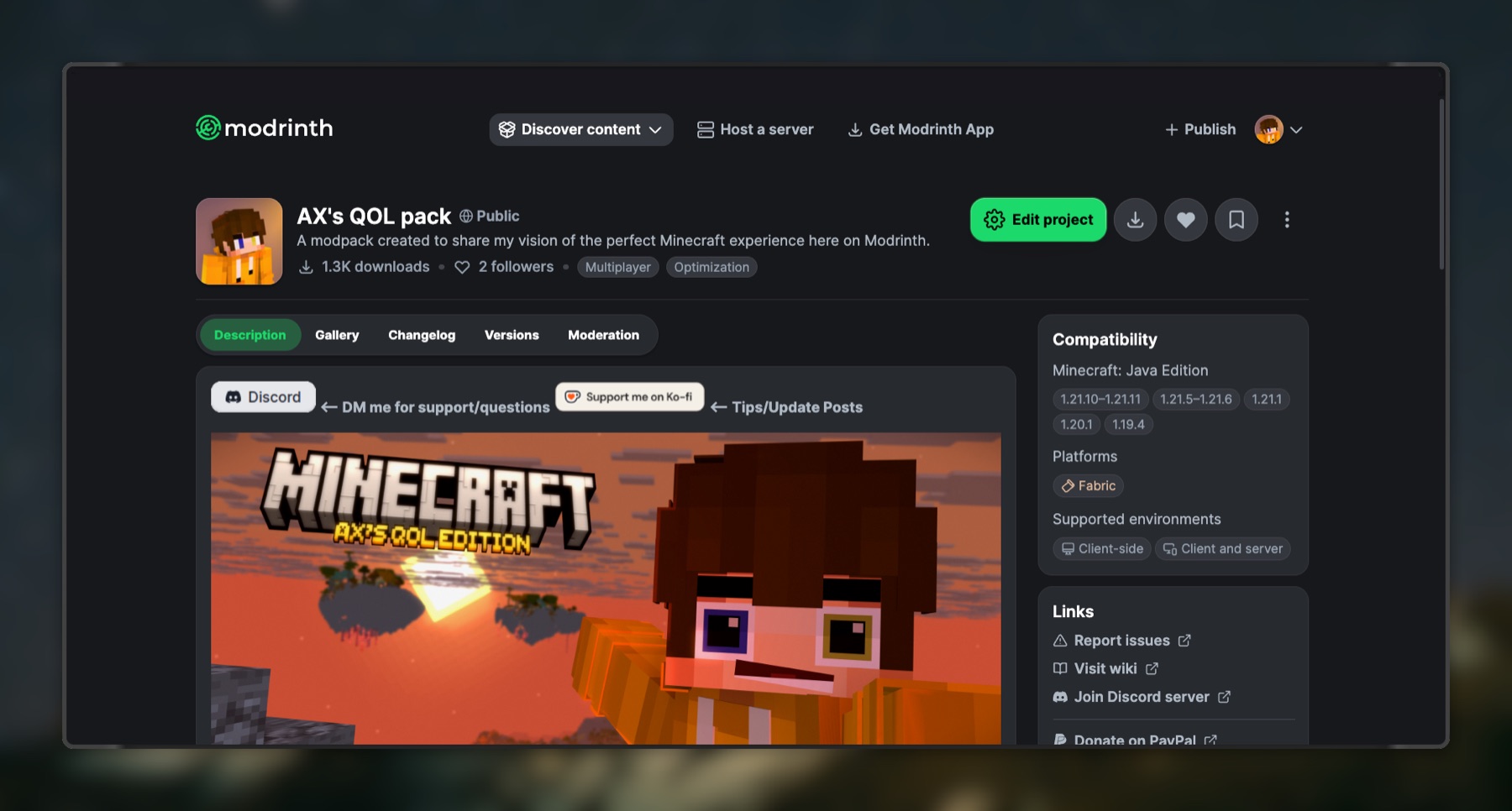 Custom modpack listed on the Modrinth app